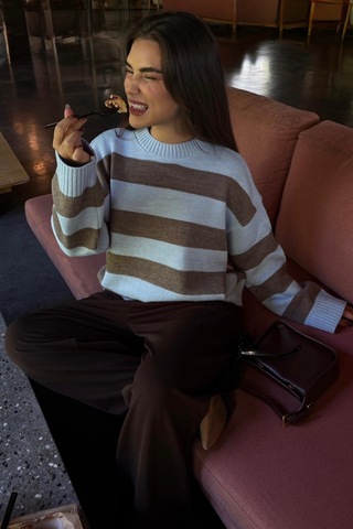 Camel Bisiklet Yaka Çizgili Oversize Triko Kazak Mg1972 CAMEL