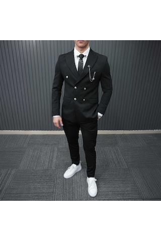 Beystil Sivri Yaka Siyah Kruvaze Takım Elbise Petek036 - Slim Fit Siyah