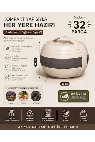 32 Parça 6 Kişilik Taşınabilir Küre Piknik Seti Bej