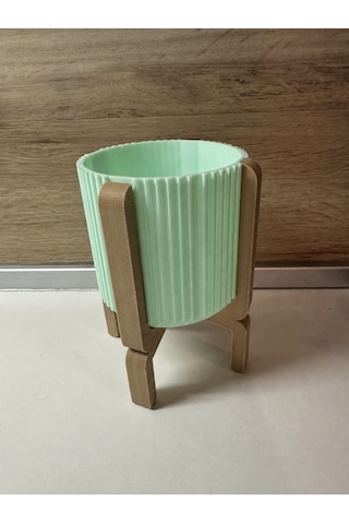 3d Baskı Ayaklı Çizgili Saksı - Bej Standlı Dekoratif Saksı - Mint -