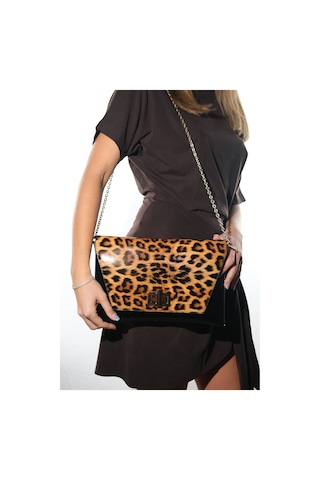 Maorı Siyah Sarı Desenli Rugan Kadın Clutch Çanta Leopar