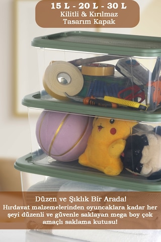 3'lü 15-20-30 L Çok Amaçlı Saklama Kabı Seti - Kilitli Kapak Banyo Mutfak Düzenleyici Saklama Kutusu Yeşil