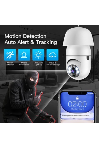 Lemestar Ampul Güvenlik Kamerası, 360 Derece Pan/tilt Panoramik Ip Kamera, 2.4ghz Wifi 10 Beyaz