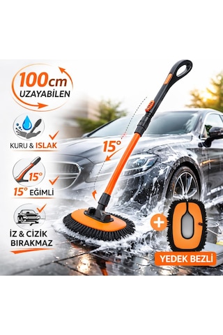 Coofbe Ayarlanabilir Teleskopik Mikrofiber Araç Yıkama Fırçası+yedek Bez Kuru Islak Oto Yıkama Fırçası 1 Adet
