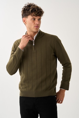 Dikey Dokuma Desenli Fermuarlı Triko Kazak Haki