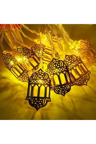 Ramazan Temalı Gün Işığı Renk 10 Plastik Ampullü Ay Hilal Fener Şeklinde Pilli Led Işık 2 Gold