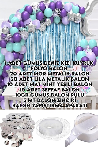 60 Balonlu Gümüş Deniz Kızı Kuyruk Folyo Balonlu Balon Zinciri Do