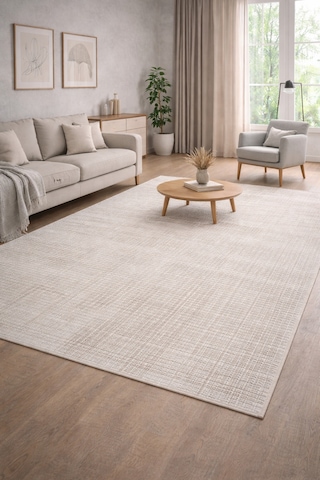 Modern Krem Dokulu Halı Minimal Grid Desen, Yumuşak Yüzey, Pamuk Jüt Tabanlı, Salon Halısı