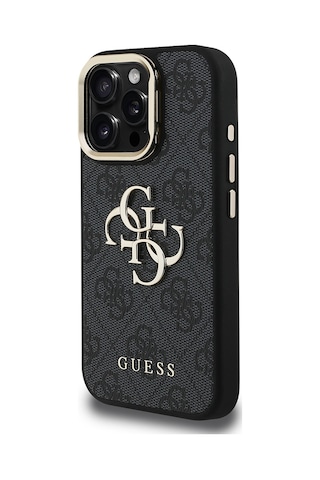 Apple iPhone 16 Pro Uyumlu Kılıf Guess Lisanslı Metal 4g Ve Yazı Logolu Kamera Standlı Kapak Siyah