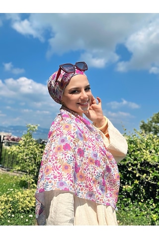 Moda Kaşmir Flora Desen Bambu Eşarp Mavi-somon