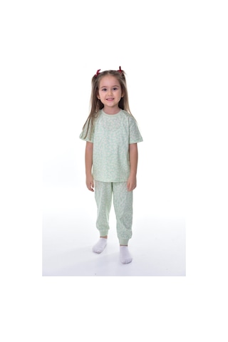 Kız Çocuk Yazlık Pamuklu Pijama Takımı Çiçek Desenli, Kısa Kollu, Konforlu Su Yesılı