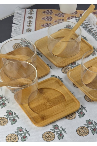 Borosilikat Cam Sufle Seti - Bambu Tabaklı 4lü Kase Takımı - 12 Parça - 250 Ml Cam
