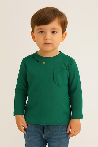 Luess Unisex Çocuk Happiness Nakışlı Cepli Fitilli Kaşkorse Tişört Yeşil