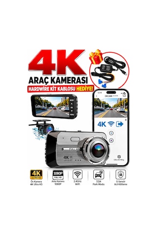 4k Ultra Hd Wifi Araç Kamerası Ön 4k Arka 1080p 7/24 Park Modu G-sensör Park Kiti Hediye