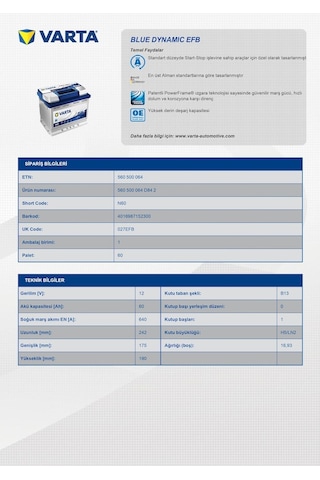 Varta Akü N60 12V 60 Ah 640AEN EFB Start-Stop Üretim 2023