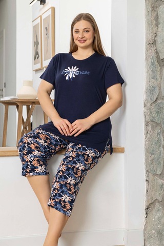 Aydoğan Kadın İnci Büyük Beden Lacivert Kapri Pijama Takım 0075 Lacivert