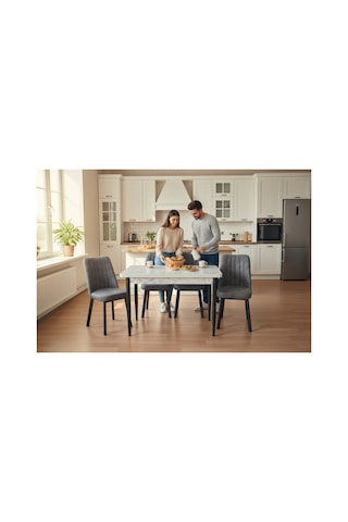 Efe Mobilya T-6024 Carara 70x120 Mdf Kare Gold Açık Gri Sandalye 4 Kişilik Mutfak Masası Takımı