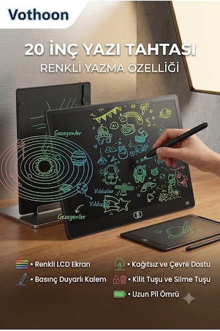 20 Inc Renkli Lcd Grafik Dijital Kalemli Çizim Tableti Yazı Tahta Not Yazma Eğitim Tableti Siyah