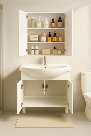 65 Cm Beyaz Mdf Seramik Lavabolu Ayaklı Aynalı Banyo Dolabı Beyaz