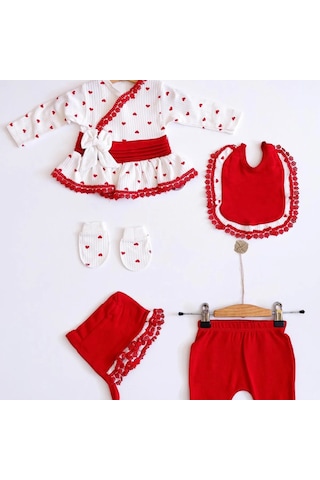 Kalp Desenli Dantel İşlemeli Hastane Çıkışı Bebek Takımı Beyaz