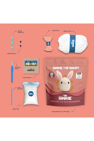 The Gookie Amigurumi Tavşan Örgü Seti, Başlangıç Seviyesi, Beyaz Pamuklu İplik, Video Eğitimli, Tığ Ve İğne