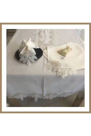 Kahveci.store Sofra Takımı Lady Gardenya Keten Yemek Takımı 160x220 Masa Seti 26 Parça Runner Set Kreme Gold 22 Altın
