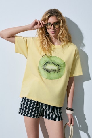Grımelange Asterıve Kadın Organik Pamuklu Baskılı Bisiklet Yaka Oversıze Sarı T-shirt Sarı