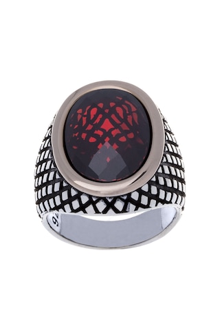 925 Ayar Gümüş Kırmızı Zirkon Taşlı Bronz Çerçeveli Erkek Yüzük