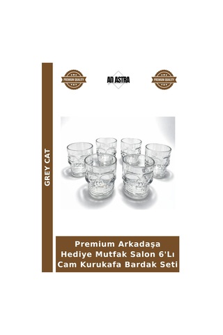 Premium Arkadaşa Hediye Mutfak Salon 6'lı Cam Kurukafa Bardak Seti Şeffaf