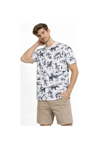Veraura Lifestyle Erkek Beyaz Dinozor Desenli Tişört Regular Fit, Bisiklet Yaka, Dijital Baskılı Pamuklu T-shirt - Beyaz
