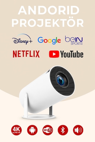 Android Taşınabilir Projeksiyon 50.000 Saat Led Ömürlü Wi-fi Hd Görüntü Kalitesi Beyaz