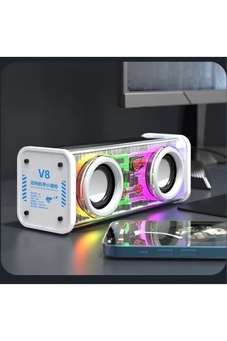 Youtek V8 Bluetooth Hoparlörü, Şeffaf Rgb Işık, Tws Seri Bağlantı, Tf Kart Desteği, 10w Güçlü Ses, 1800mah Pil - Beyaz