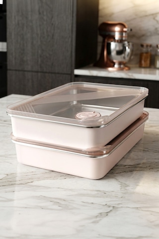 2'li Stainless Paslanmaz Çelik Vakumlu Saklama Kabı,fırın Ve Kek Kabı 3 Lt Yemek Kabı Sefer Tası Pembe