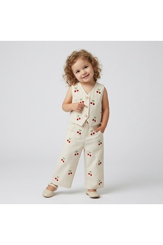 Ministok Cherry Lady Kiraz Nakışlı Kız Çocuk Keten Yelek Pantalon Takım Krem
