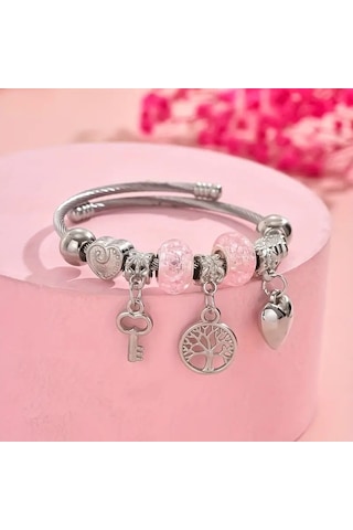 Pembe Aşk Hayat Ağacı Charmlı Bileklik Gümüş
