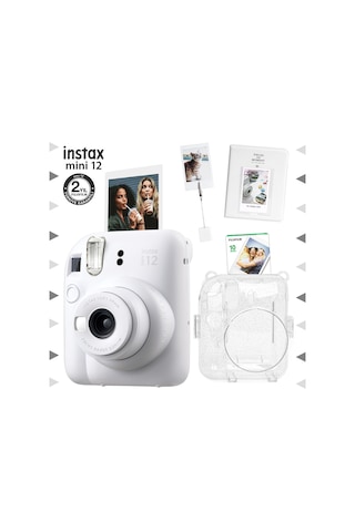 Fujifilm Instax Mini 12 Fotoğraf Makinesi + 10'lu Film + Kıskaçlı Stand + Pvc Albüm + Simli Pleksi Kılıf Seti Beyaz
