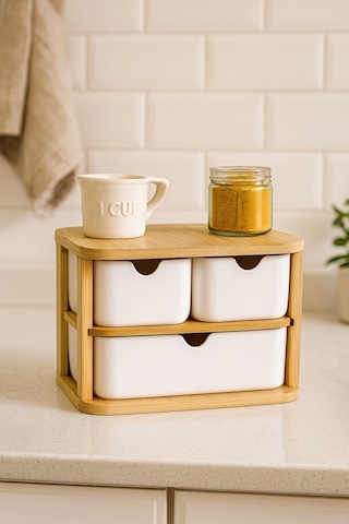 Doğal Bambu Çok Amaçlı 3 Gözlü Çekmeceli Organizer Br-6711 Beyaz