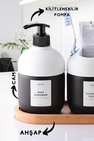 Nandy Home Lüks Ahşap Altlıklı Cam Cool Sabun ve Diş Fırçalık Banyo Seti 2'li Beyaz