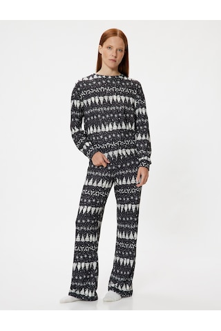 Koton Yılbaşı Temalı Pijama Üstü Baskılı Uzun Kollu Bisiklet Yaka Siyah Desenli 5wlk40007mk Siyah