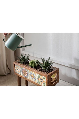 Halohope El Yapımı Ayaklı 4 Çinili Dekoratif Modern Ahşap Dikdörtgen Bahçe Balkon Saksı Saksılık Çiçeklik