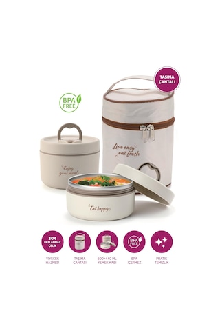 House Pratik Hp107 Çantalı Paslanmaz Çelik 2'li 600 + 440ml Lunch Box Yemek Kabı Krem