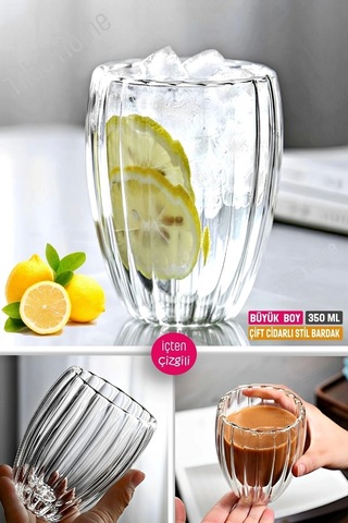 3'lü Çift Cidarlı Burgulu Kristal Cam Bardağı Çay Süt Kahve Kupası Sıcak & Soğuk Retro Bardak Seti