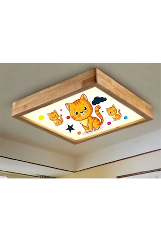 Ahşap Çerçeve Tavan Led Aydınlatma Avize 30X30Cm Kedi Beyaz 6500K