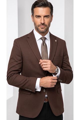 Plus Scorpion Erkek Slim Fit Çift Düğme Çift Yırtmaçlı Blazer Ceket Premium Dokulu Kumaş Kahverengi
