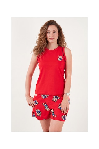 Lela Baskılı Pamuklu Bisiklet Yaka Şortlu Pijama Takımı Bayan Pijama Takımı 65790786 Kırmızı