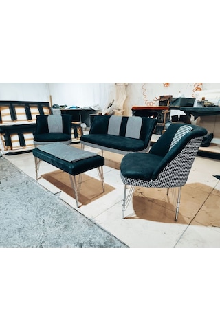 Ecem Life Siyah Kazayagı Metal Ayak Cay Seti Koltuk 2 1 1 Puf Hediye Çok Renkli