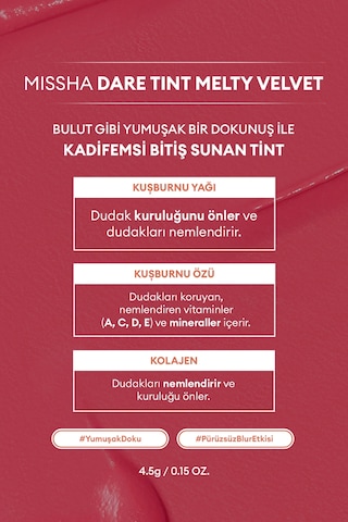 Missha Uzun Süre Kalıcı Bulaşma Yapmayan Kadifemsi Bitiş Sunan Tint Dare Tint Melty Velvet Rosy Lofi 0