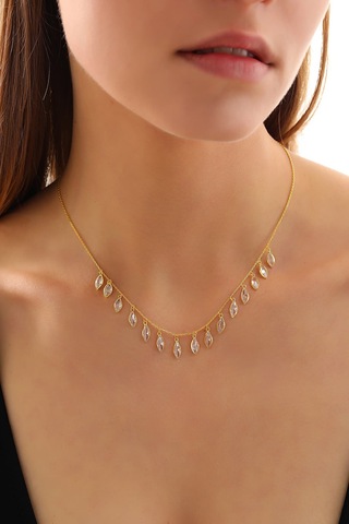 925 Ayar Gümüş Ful Mekik Zirkon Taş Sallantılı Kolye Altın