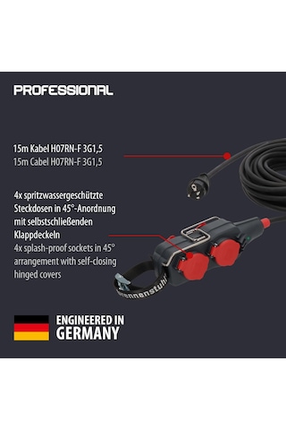 Brennenstuhl Profesyonel Powerblock Serisi Ip54 Lisanslı Asma Aparatlı 4 Soketli 15 Metre Kablolu Seyyar Uzatma Priz H07rn-f 3g1.5