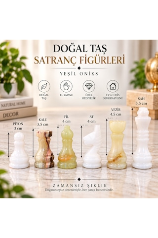 Yeşil Oniks Doğal Taş Satranç Takımı 10 İnç 25x25 Cm Dekoratif Hediyelik Satranç Seti